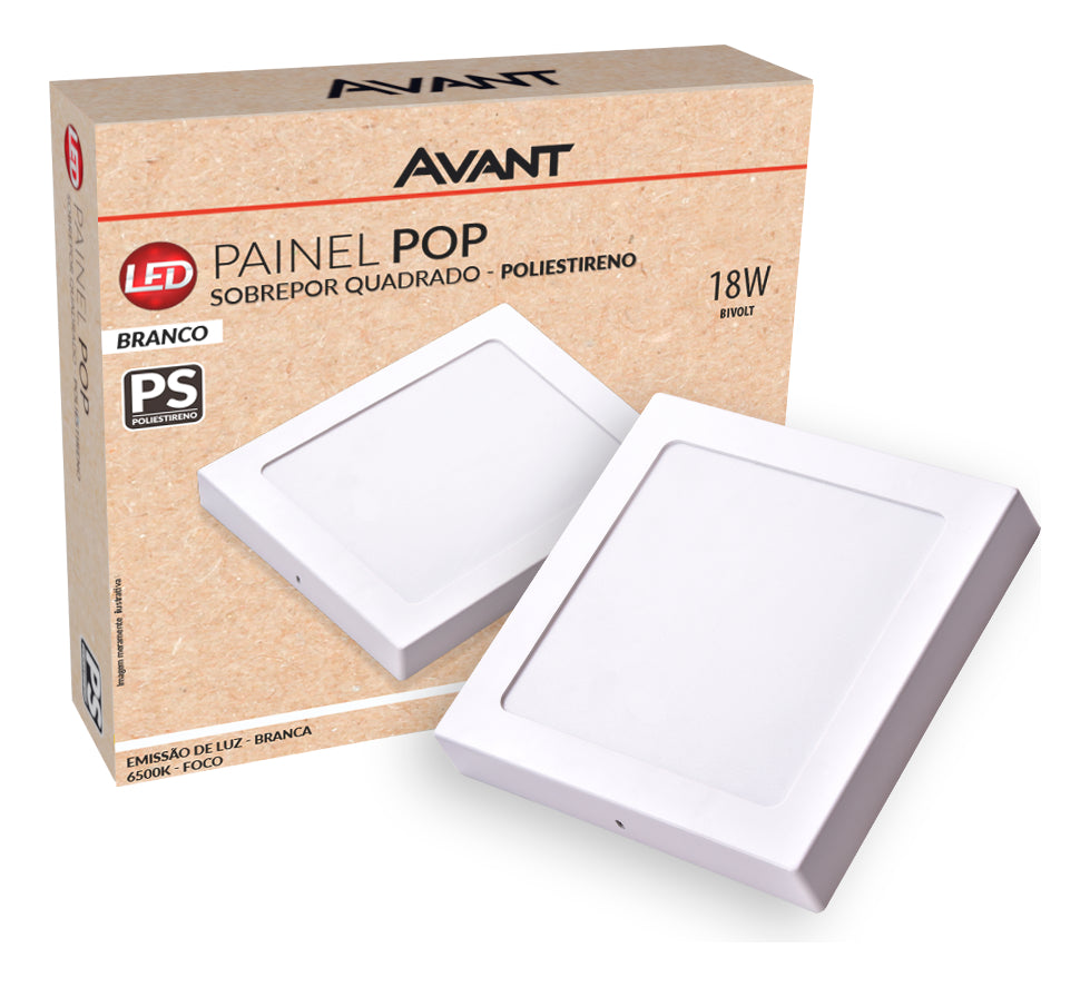 Painel Pop Sobrepor 18W 6500k Branco Frio Bivolt 19,6cm Quadrado Branco Avant