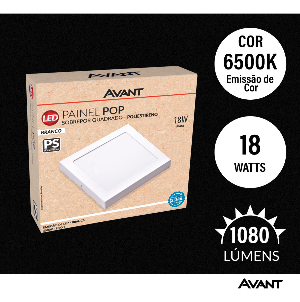 Painel Pop Sobrepor 18W 6500k Branco Frio Bivolt 19,6cm Quadrado Branco Avant