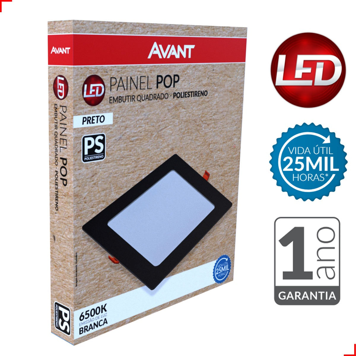 Painel Pop Embutir 18W 6500k Branco Frio Bivolt 21,3cm Quadrado Preto Avant