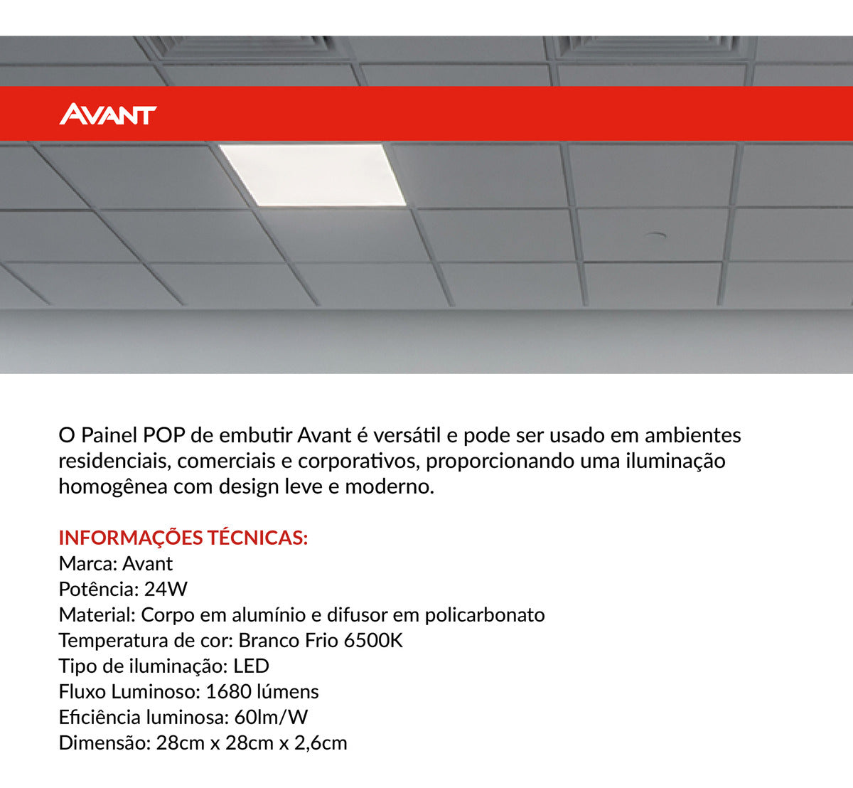 Painel Pop Embutir 24W 6500k Branco Frio Bivolt 28,6cm Quadrado Preto Avant