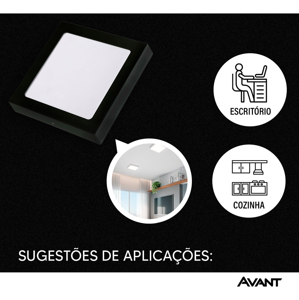 Painel Pop Sobrepor 18W 6500k Branco Frio Bivolt 19,6cm Quadrado Preto Avant