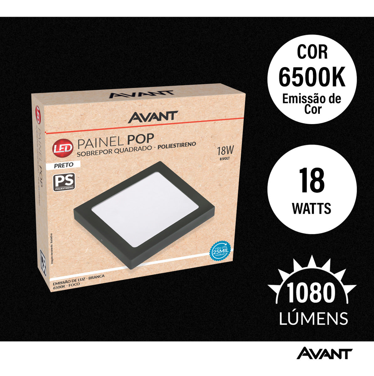 Painel Pop Sobrepor 18W 6500k Branco Frio Bivolt 19,6cm Quadrado Preto Avant