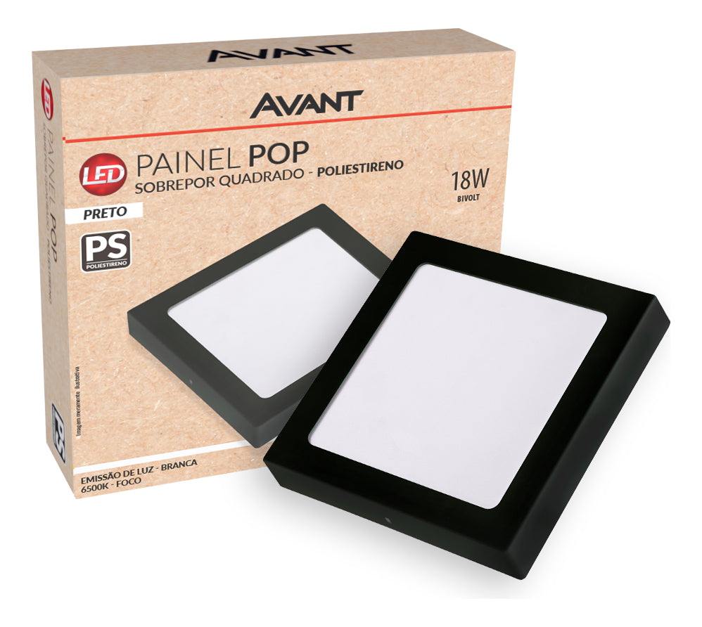 Painel Pop Sobrepor 18W 6500k Branco Frio Bivolt 19,6cm Quadrado Preto Avant