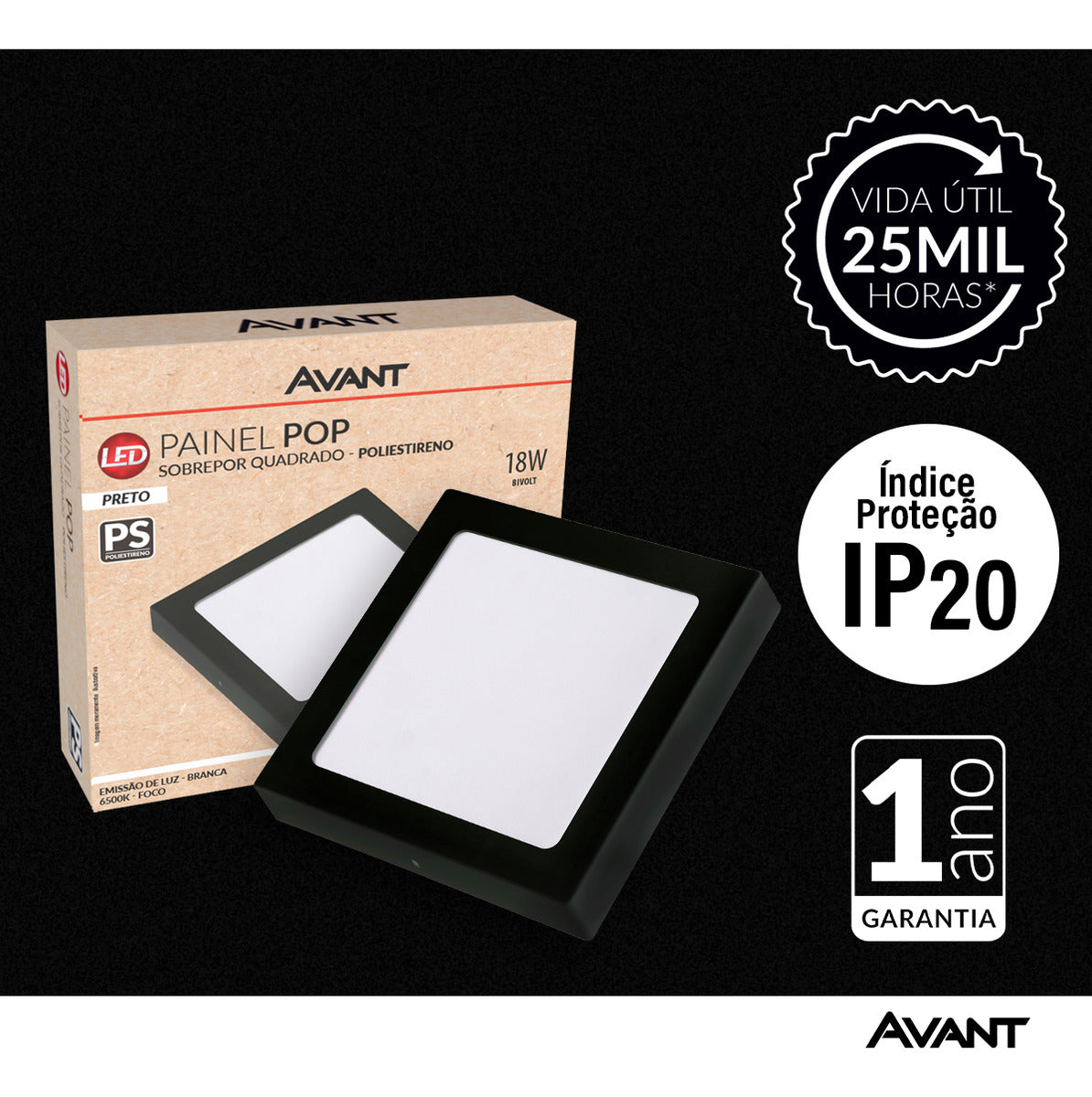 Painel Pop Sobrepor 18W 6500k Branco Frio Bivolt 19,6cm Quadrado Preto Avant