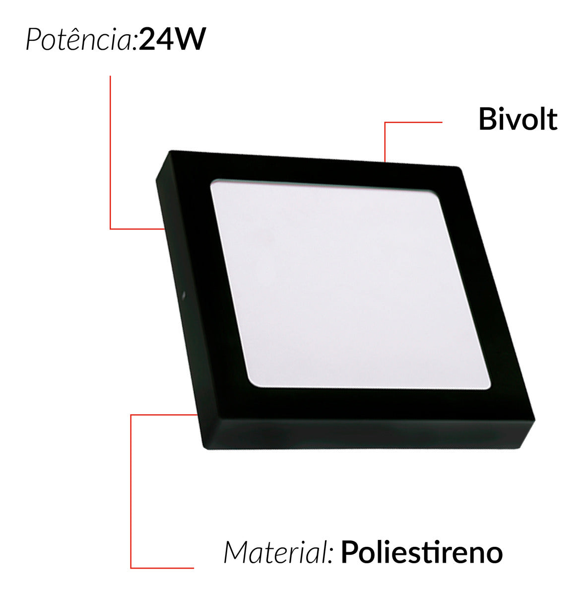 Painel Pop Sobrepor 24W 6500k Branco Frio Bivolt 26,5cm Quadrado Preto Avant