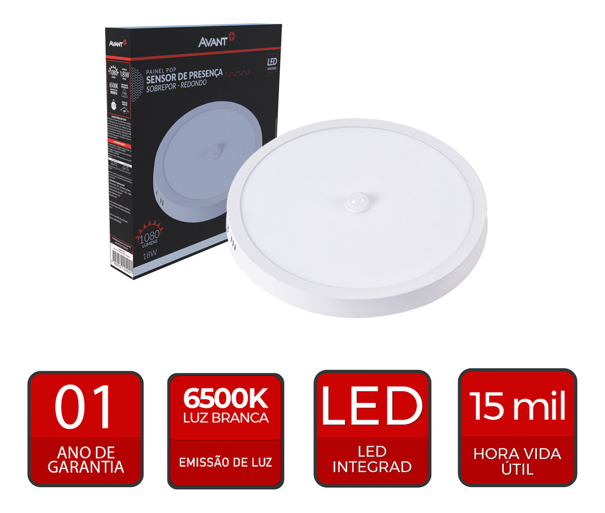 Painel led Plafon Pop Sensor Sobrepor 18w 6500k Branco Frio 21cm Bivolt Redondo Branco Avant