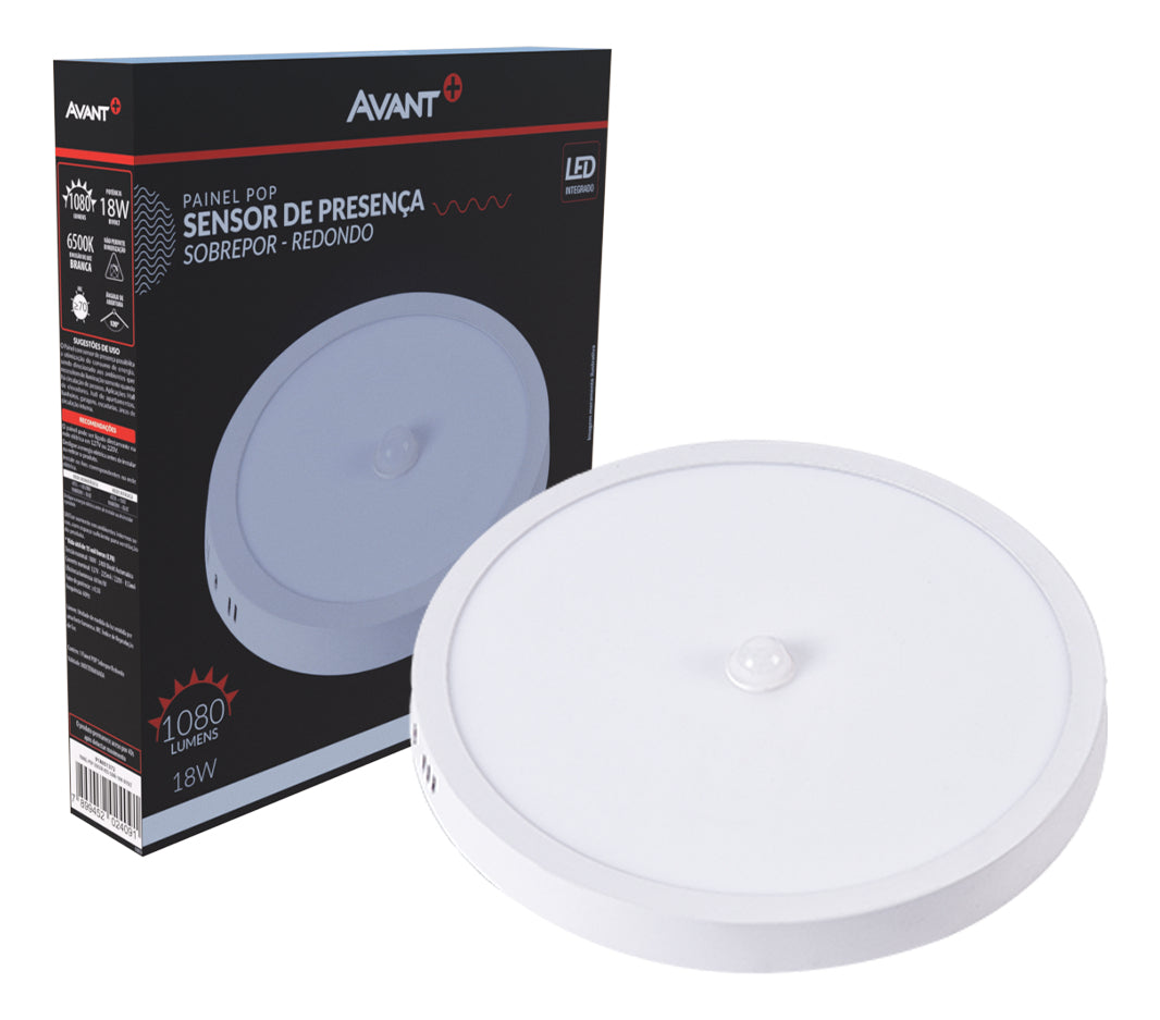 Painel led Plafon Pop Sensor Sobrepor 18w 6500k Branco Frio 21cm Bivolt Redondo Branco Avant
