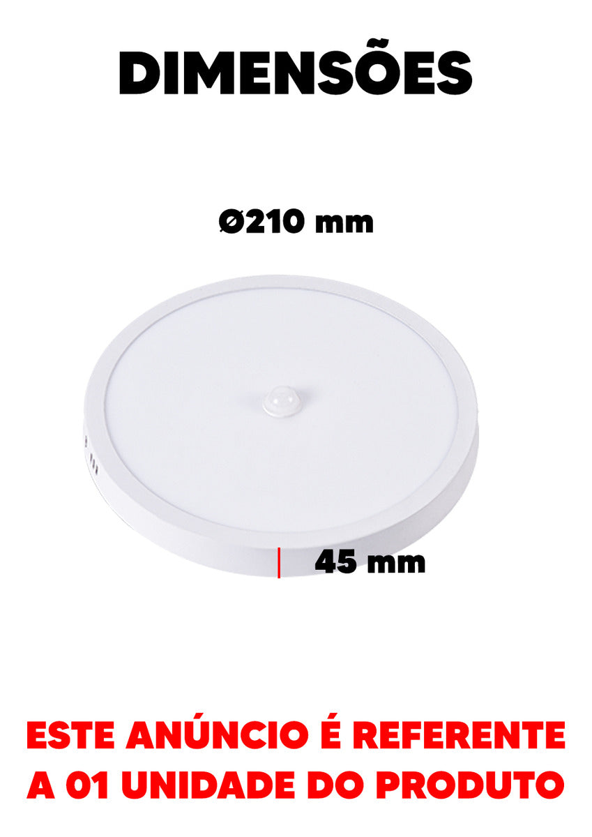 Painel led Plafon Pop Sensor Sobrepor 18w 6500k Branco Frio 21cm Bivolt Redondo Branco Avant