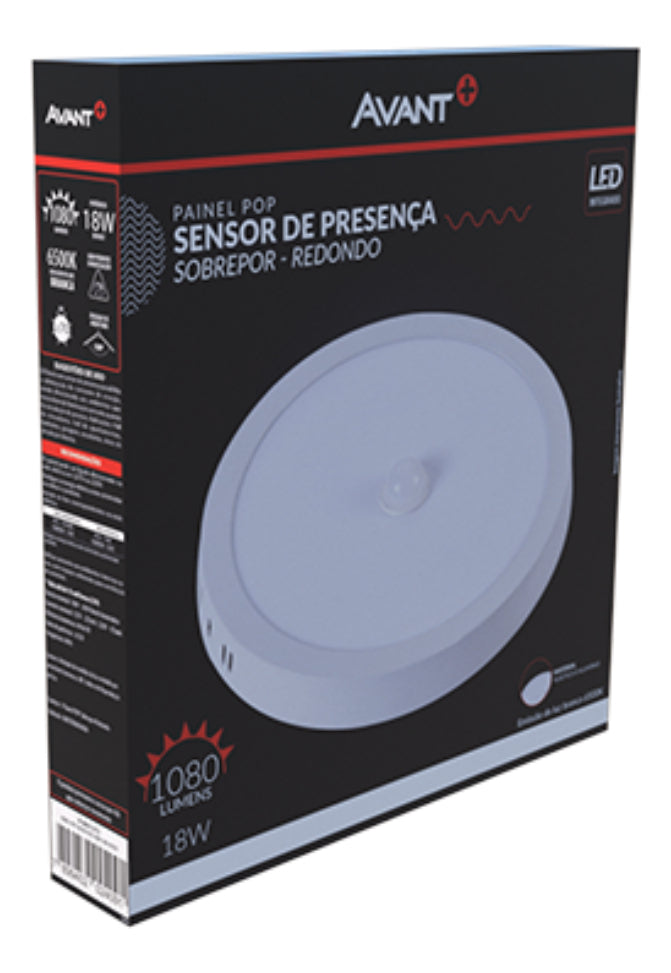 Painel led Plafon Pop Sensor Sobrepor 18w 6500k Branco Frio 21cm Bivolt Redondo Branco Avant