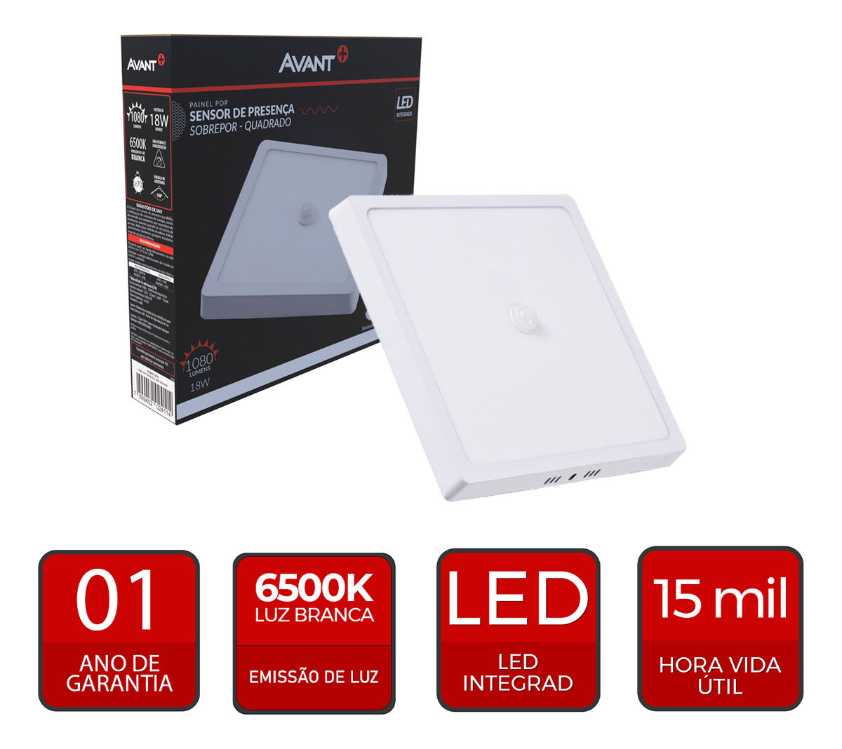 Painel Led Pop Sensor 21cm 18w 6500k Sob Quadrado Br Avant 127/220v Branco