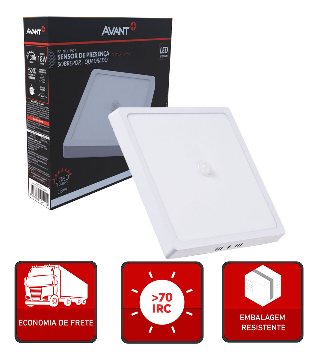 Painel Led Pop Sensor 21cm 18w 6500k Sob Quadrado Br Avant 127/220v Branco