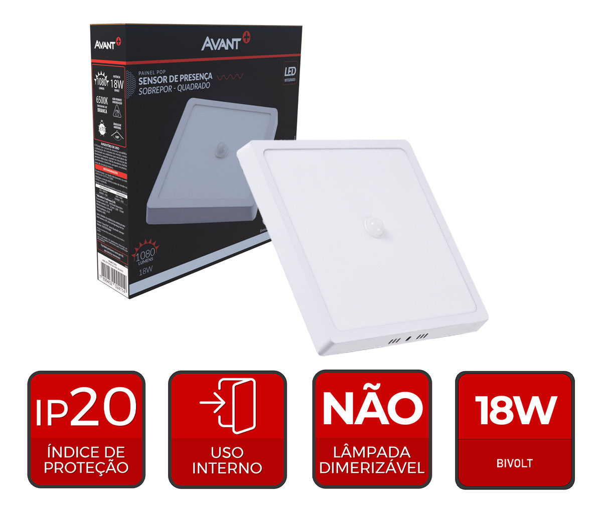 Painel Led Pop Sensor 21cm 18w 6500k Sob Quadrado Br Avant 127/220v Branco