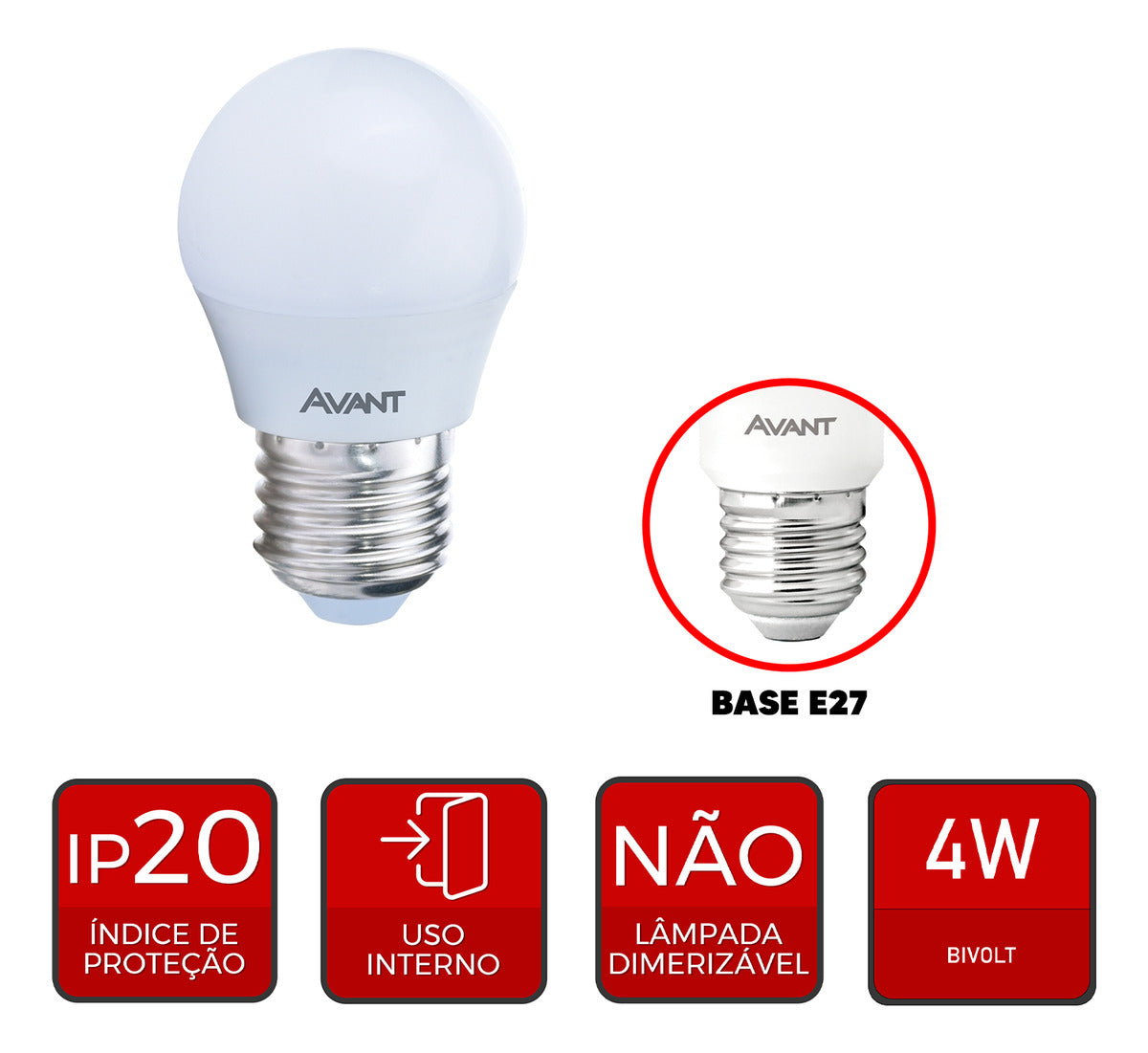 Lampada Led Bola 4w 2700k 110v/220v Bivolt E27 Branco Avant