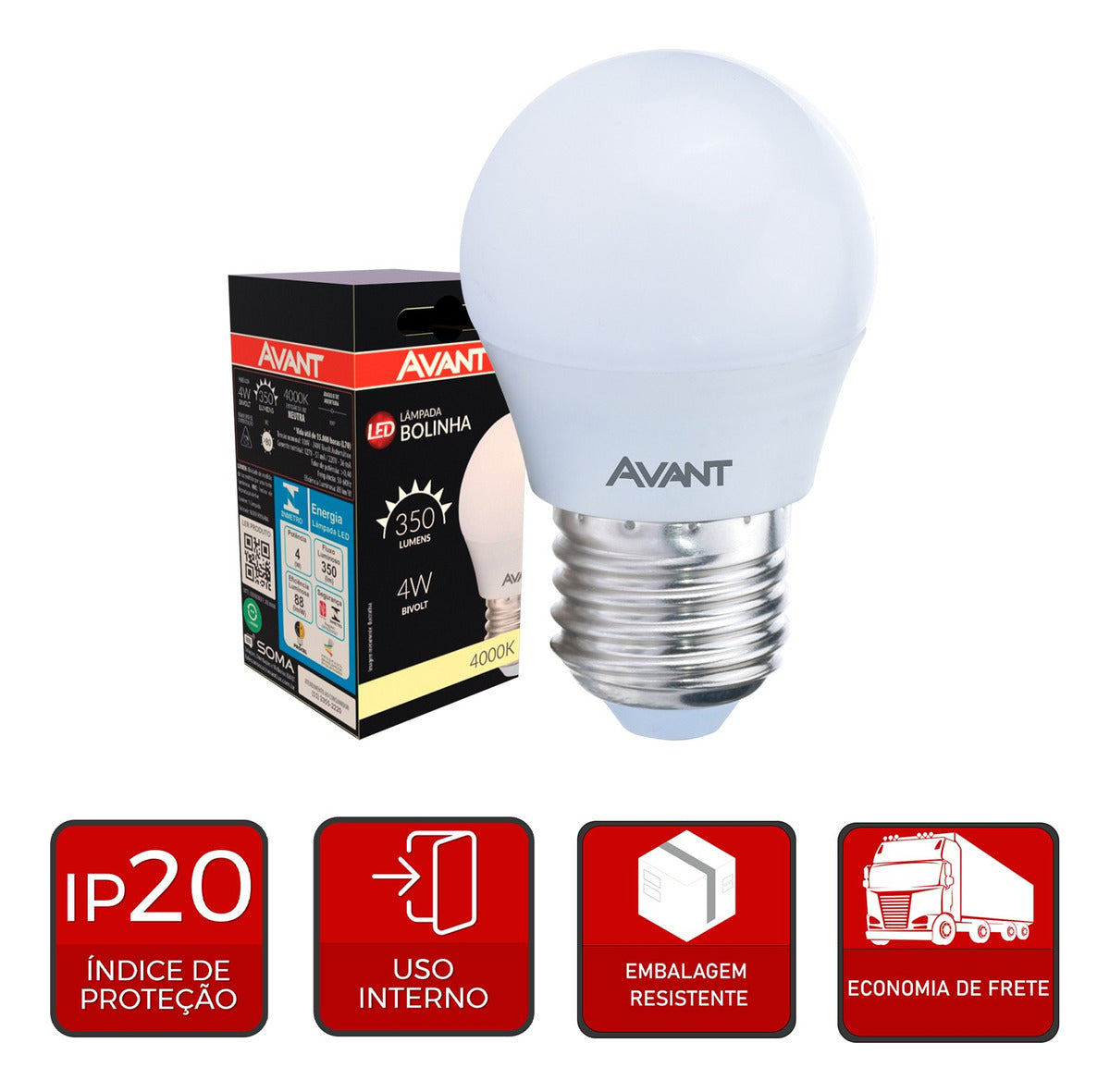 Lampada Led Bola 4w 4000k 110v/220v Bivolt E27 Branco Avant