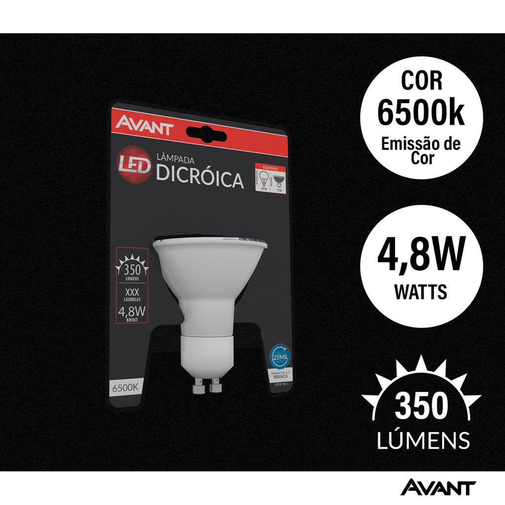 Lampada Led Dicróica MR16 4,8w 350lm 6500K GU10 Branco Avant