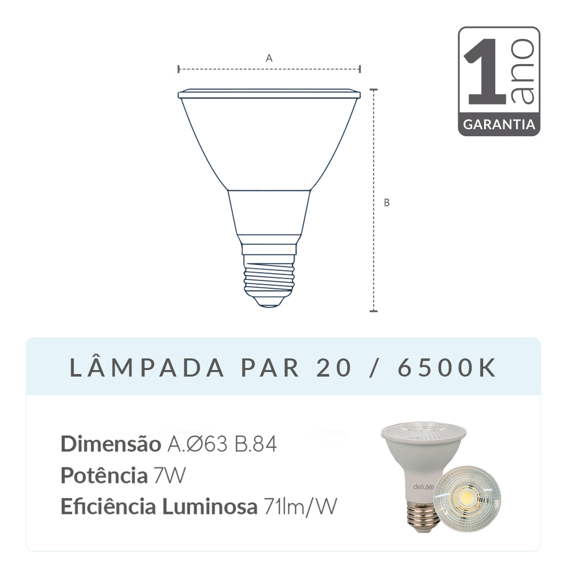 Lampada Led Par20 7w 6500k Branco Frio E27 110v/220v Bivolt Ip20 Branco Cod: 919091377 Deluxe By Avant