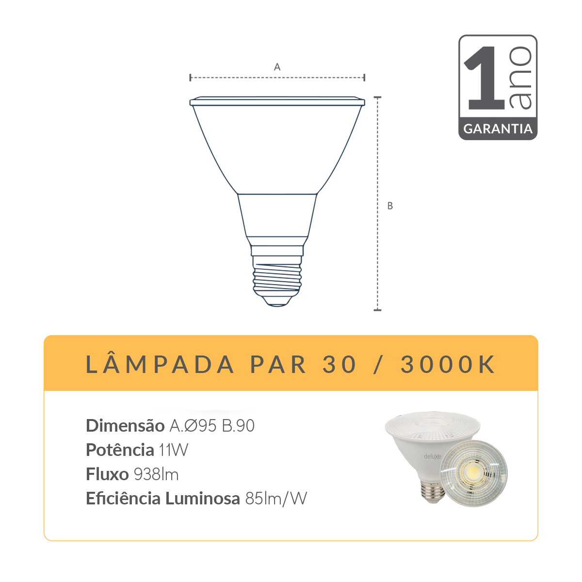 Lampada Led Par30 11w 3000k Branco Quente E27 110v/220v Branco Cod: 919100574 Deluxe By Avant