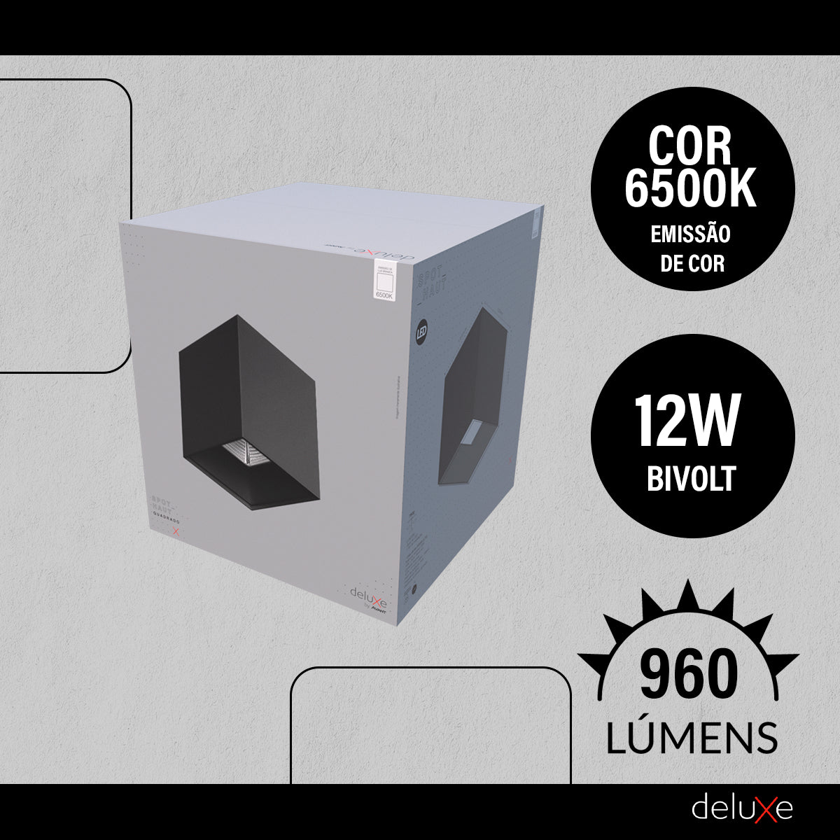 Spot Led Haut Quadrado 12w 6500k Branco Frio Bivolt Quadrado Preto Avant