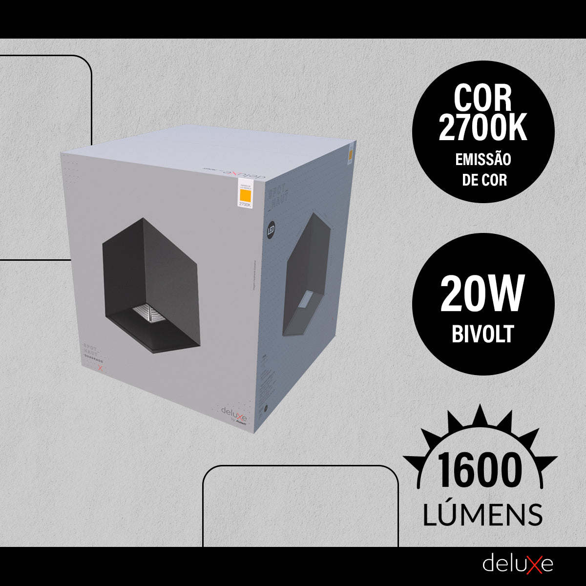 Spot Led Haut Quadrado 20w 2700k Branco Quente Bivolt Quadrado Preto Avant