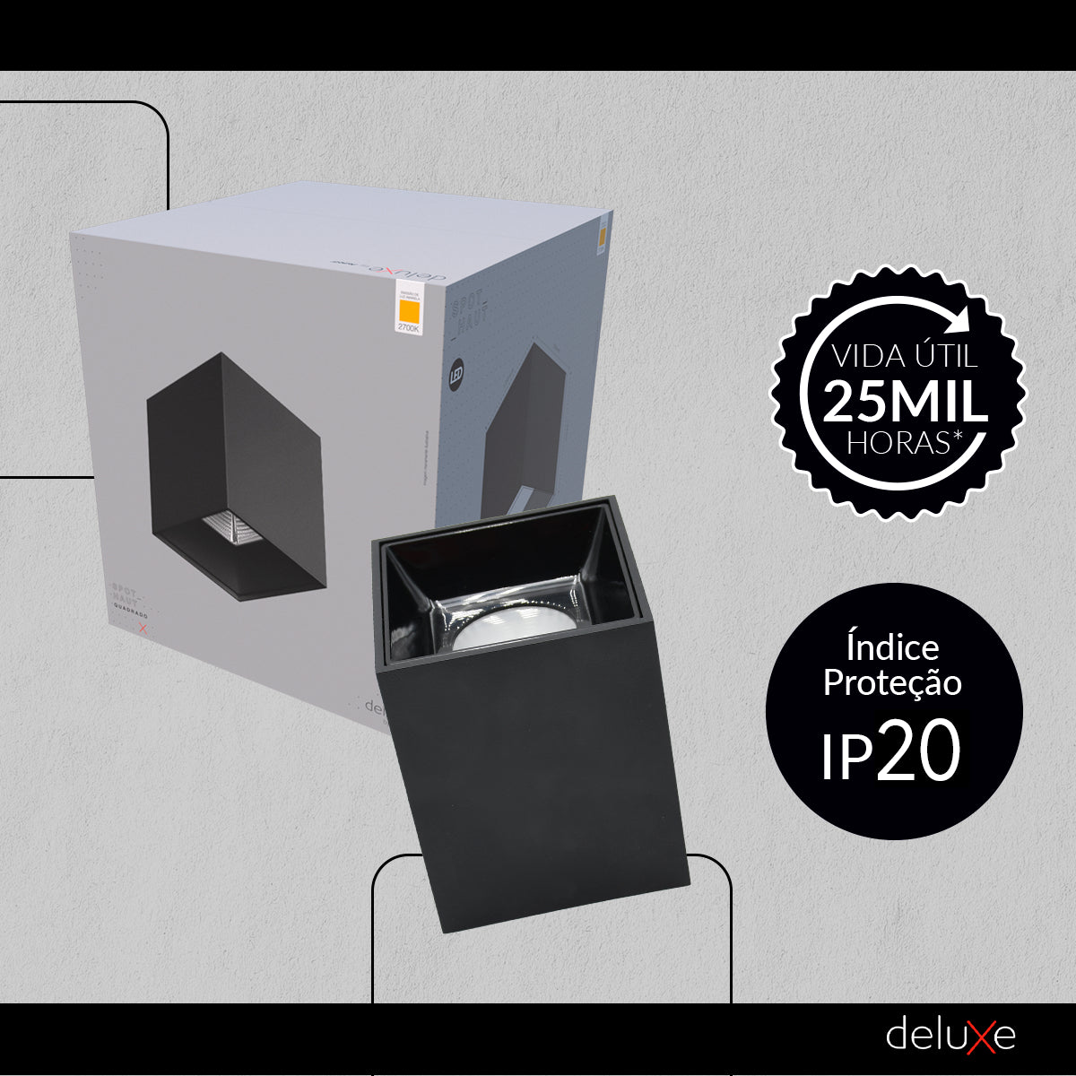 Spot Led Haut Quadrado 20w 2700k Branco Quente Bivolt Quadrado Preto Avant