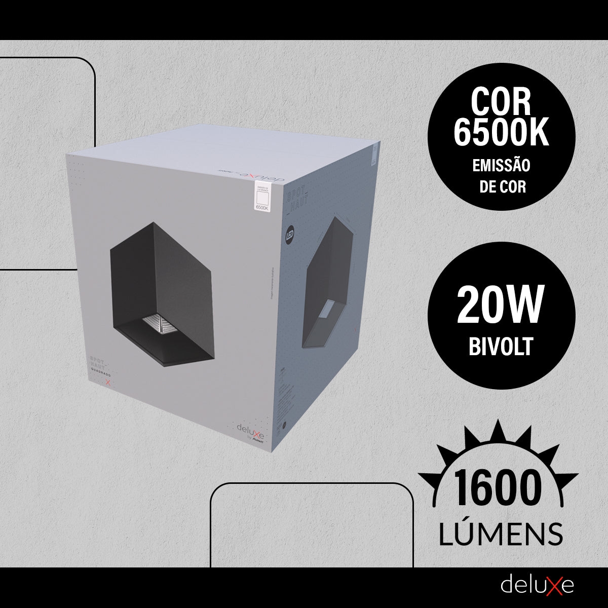 Spot Led Haut Quadrado 20w 6500k Branco Frio Bivolt Quadrado Preto Avant