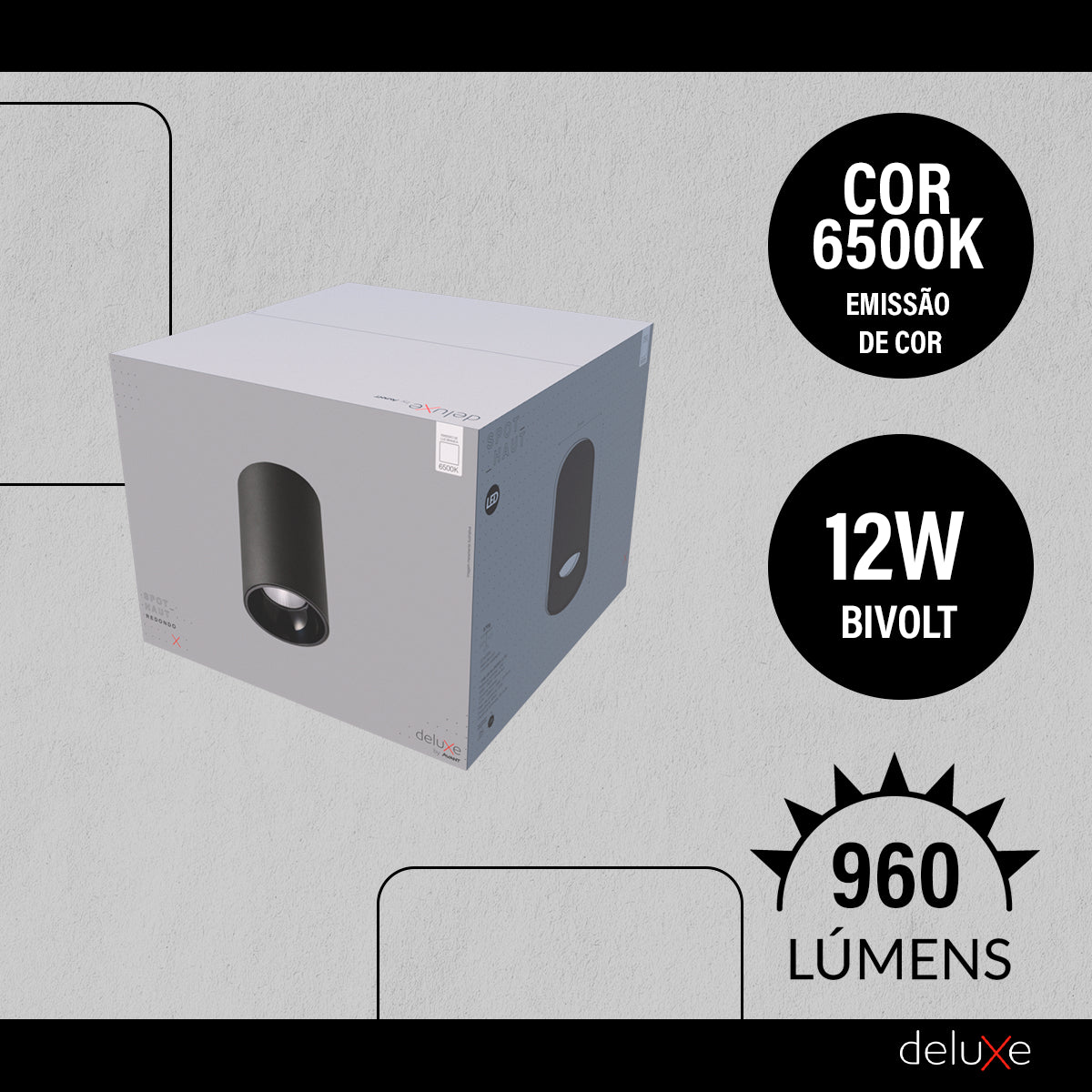 Spot Led Haut Redondo 12w 6500k Branco Frio IP20 Bivolt Preto Avant