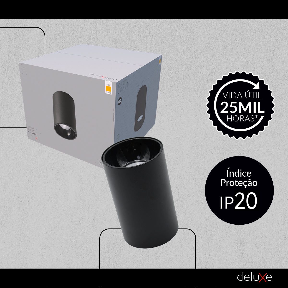 Spot Led Haut Redondo 20w 2700k Branco Quente IP20 Bivolt Preto Avant