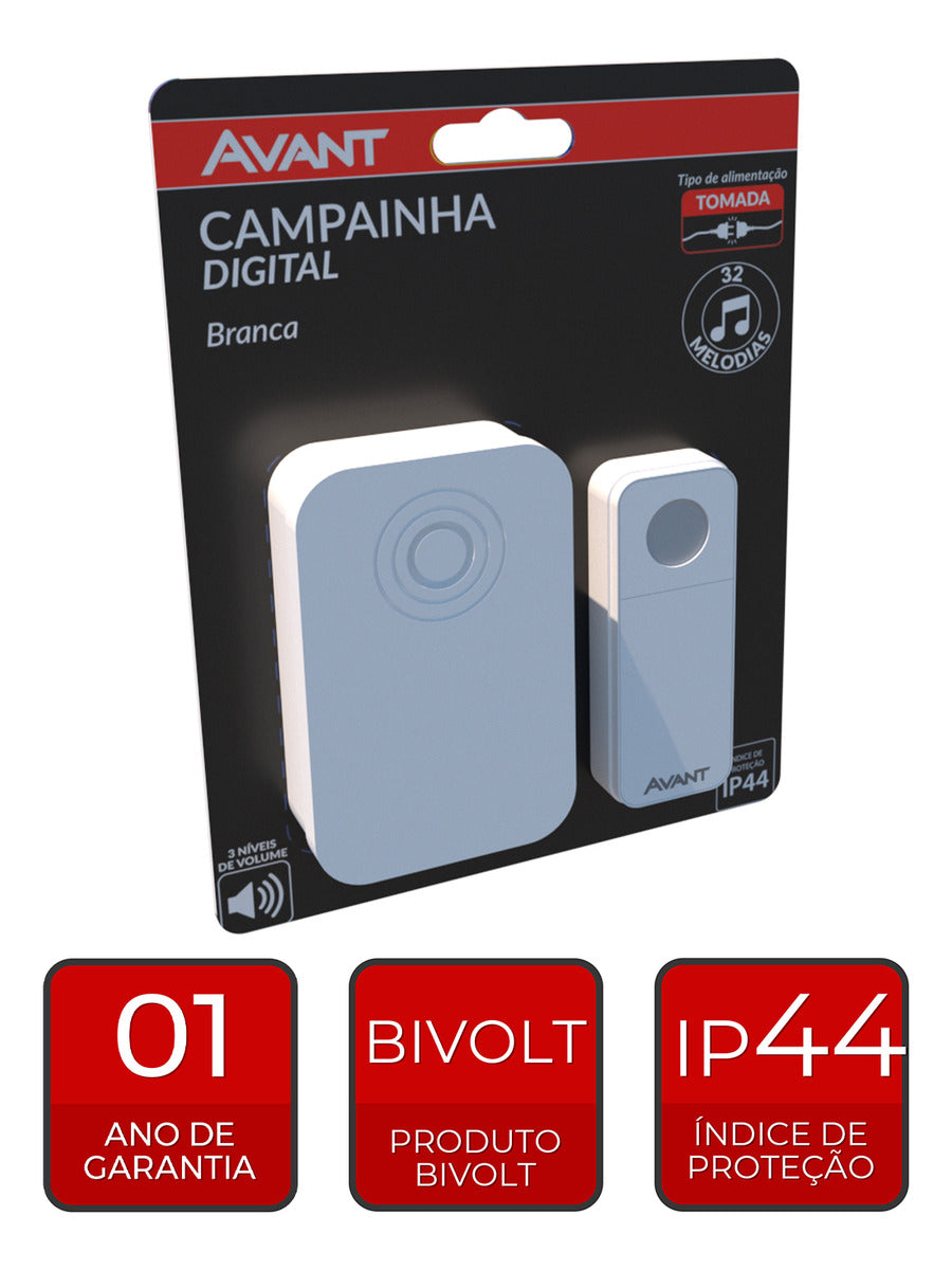 Campainha Digital Sem Fio Tomada Bivolt IP20 Branco Avant