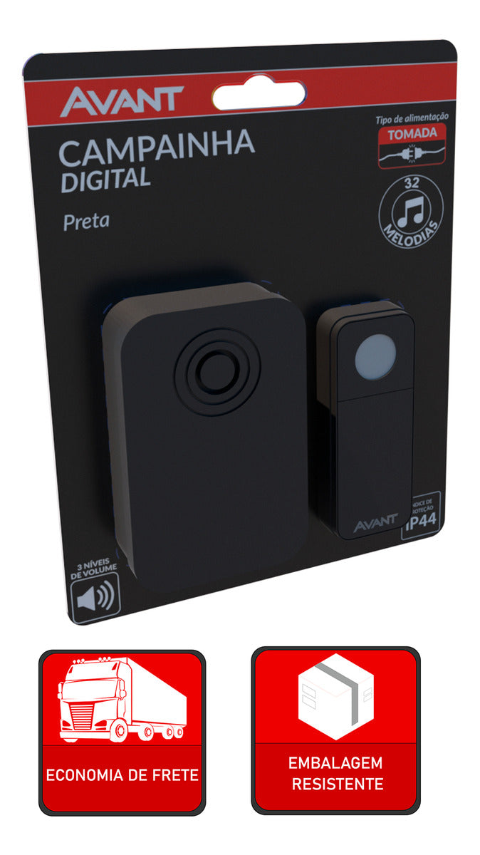 Campainha Digital Sem Fio Tomada Bivolt IP20 Preto Avant