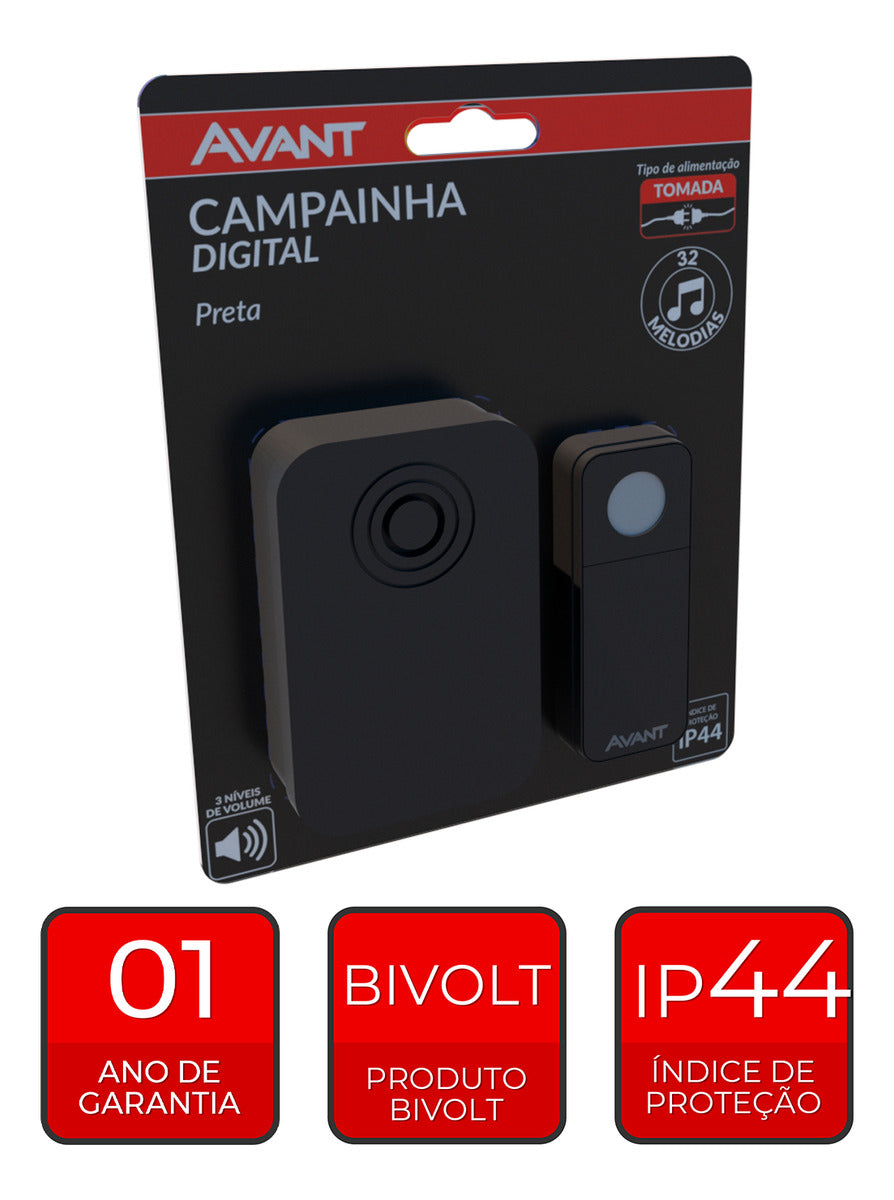 Campainha Digital Sem Fio Tomada Bivolt IP20 Preto Avant