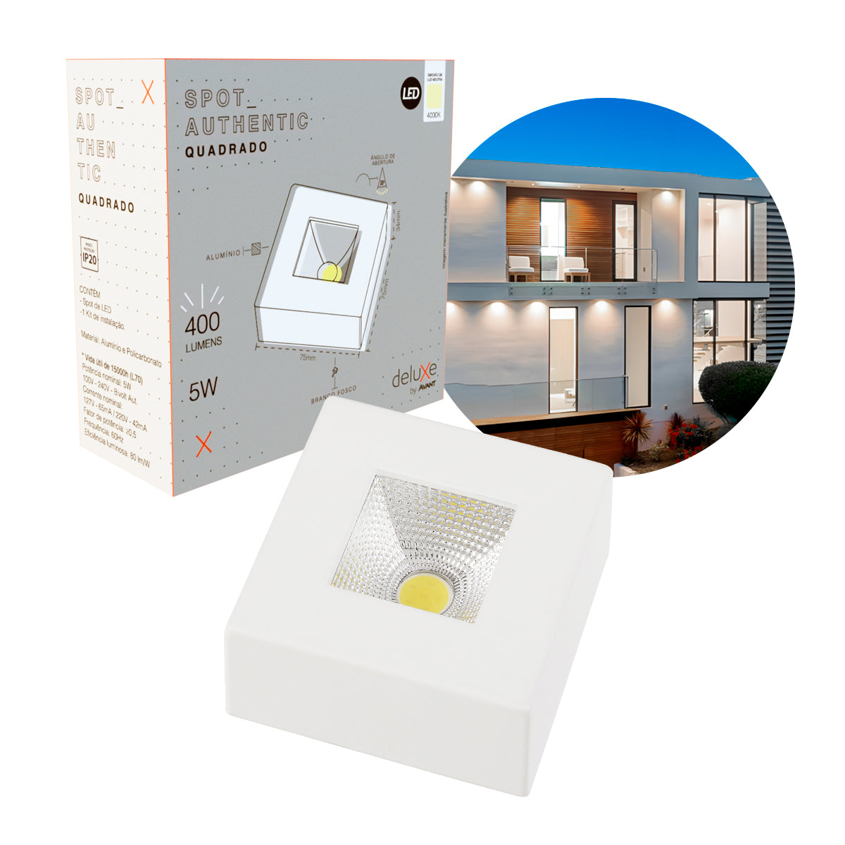 Spot Led Authentic Quadrado 5w 4000k Branco Neutro IP20 BIvolt Branco Avant