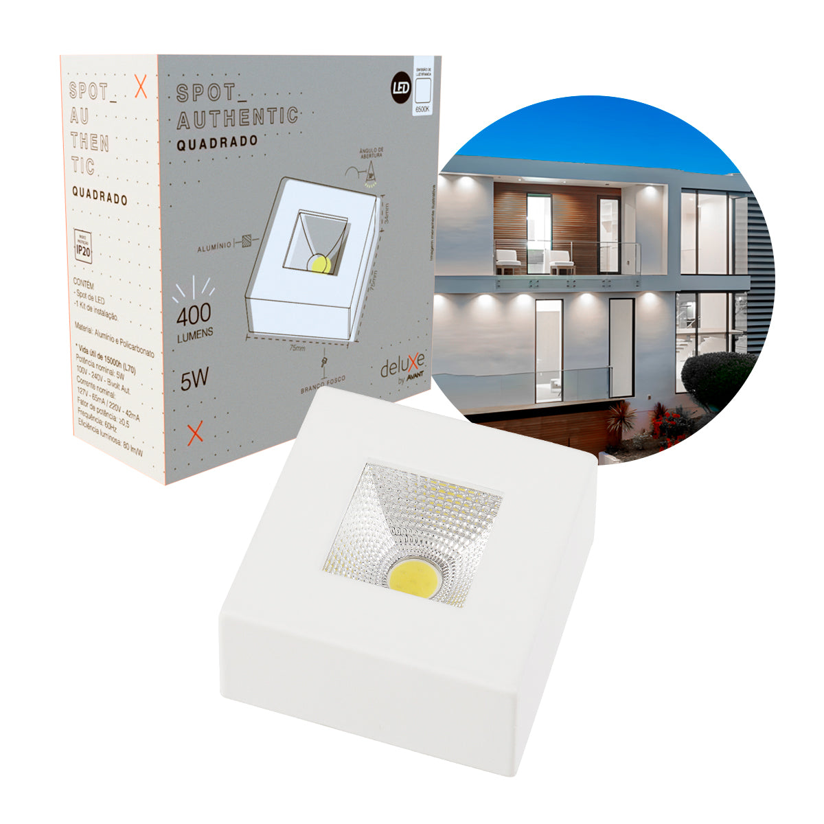 Spot Led Authentic Quadrado 5w 6500k Branco Frio IP20 BIvolt Branco Avant