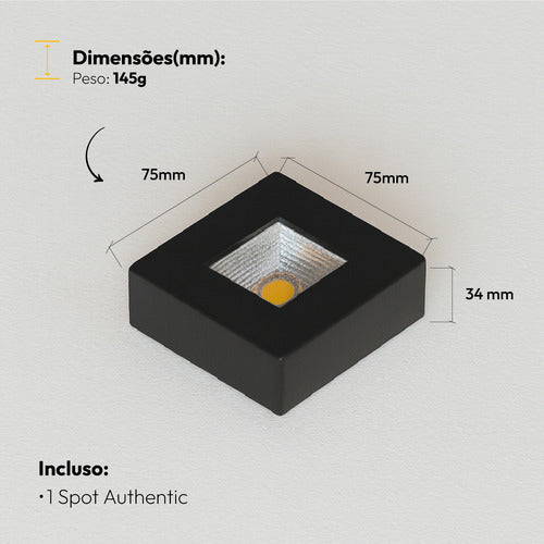 Spot Led Authentic Quadrado 5w 2700k Branco Quente IP20 BIvolt Preto Avant