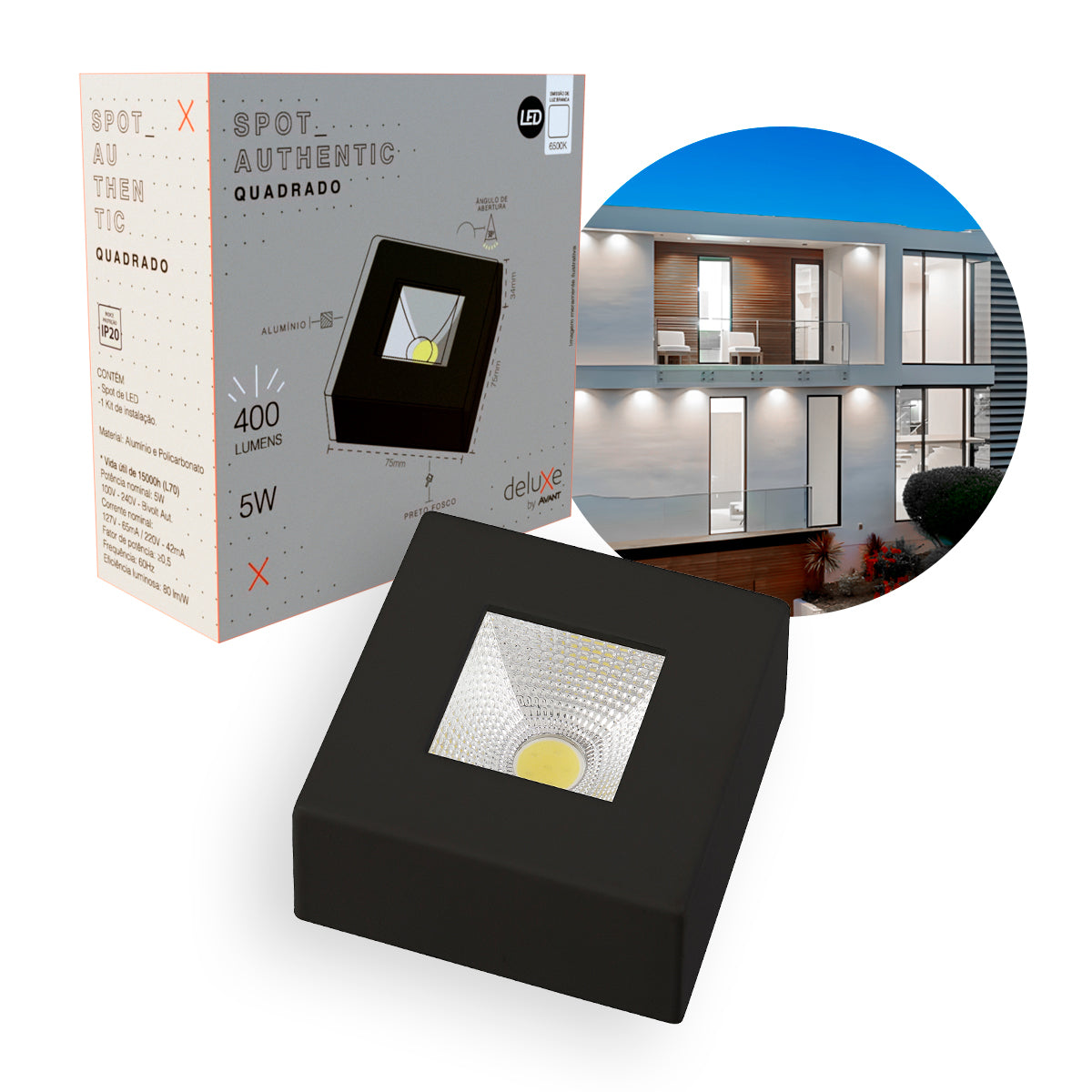 Spot Led Authentic Quadrado 5w 6500k Branco Frio IP20 BIvolt Preto Avant