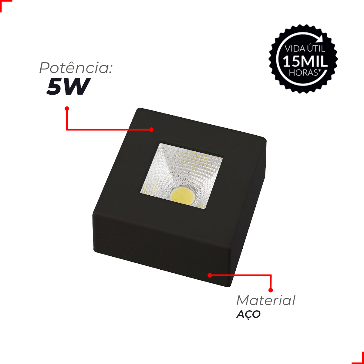Spot Led Authentic Quadrado 5w 6500k Branco Frio IP20 BIvolt Preto Avant