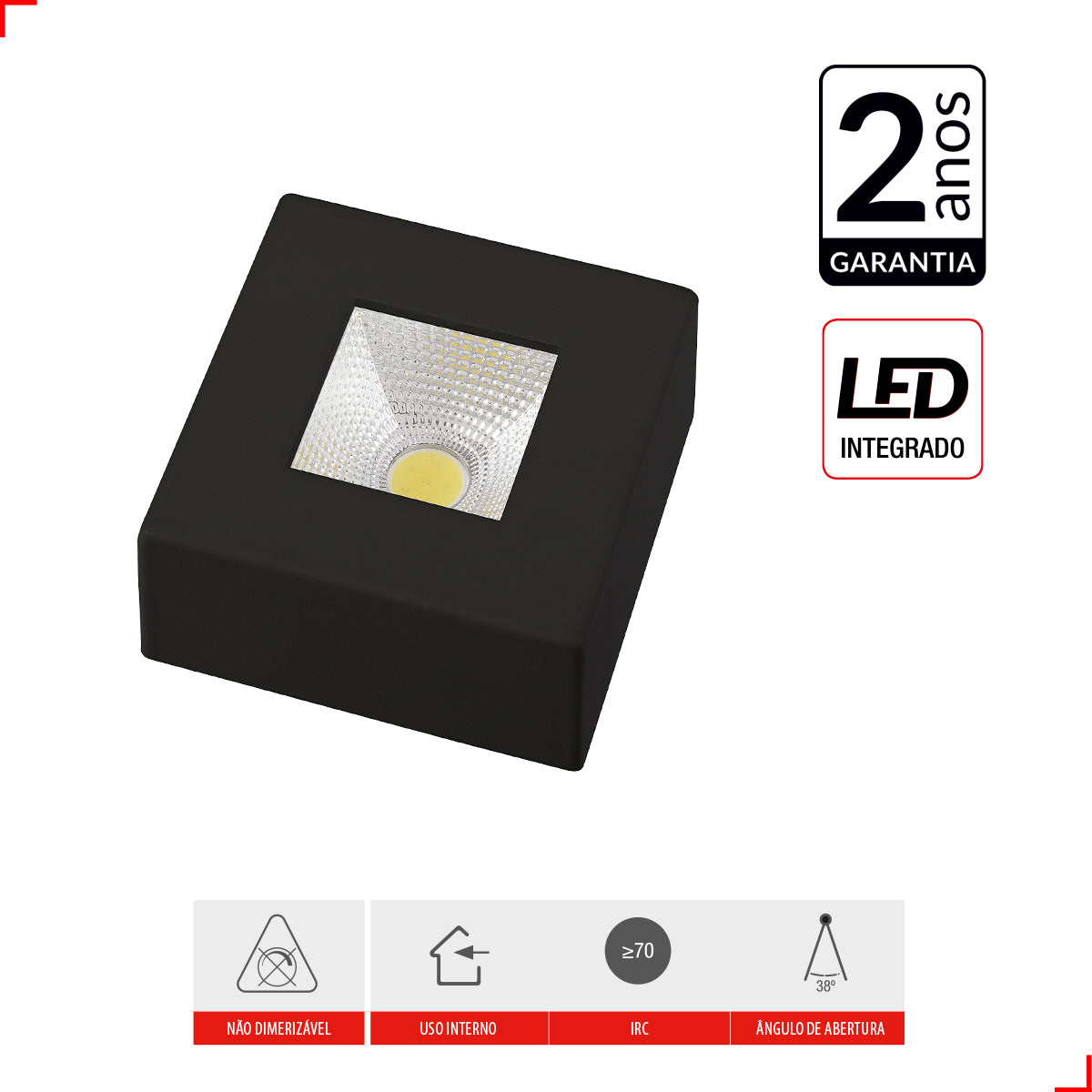 Spot Led Authentic Quadrado 5w 6500k Branco Frio IP20 BIvolt Preto Avant