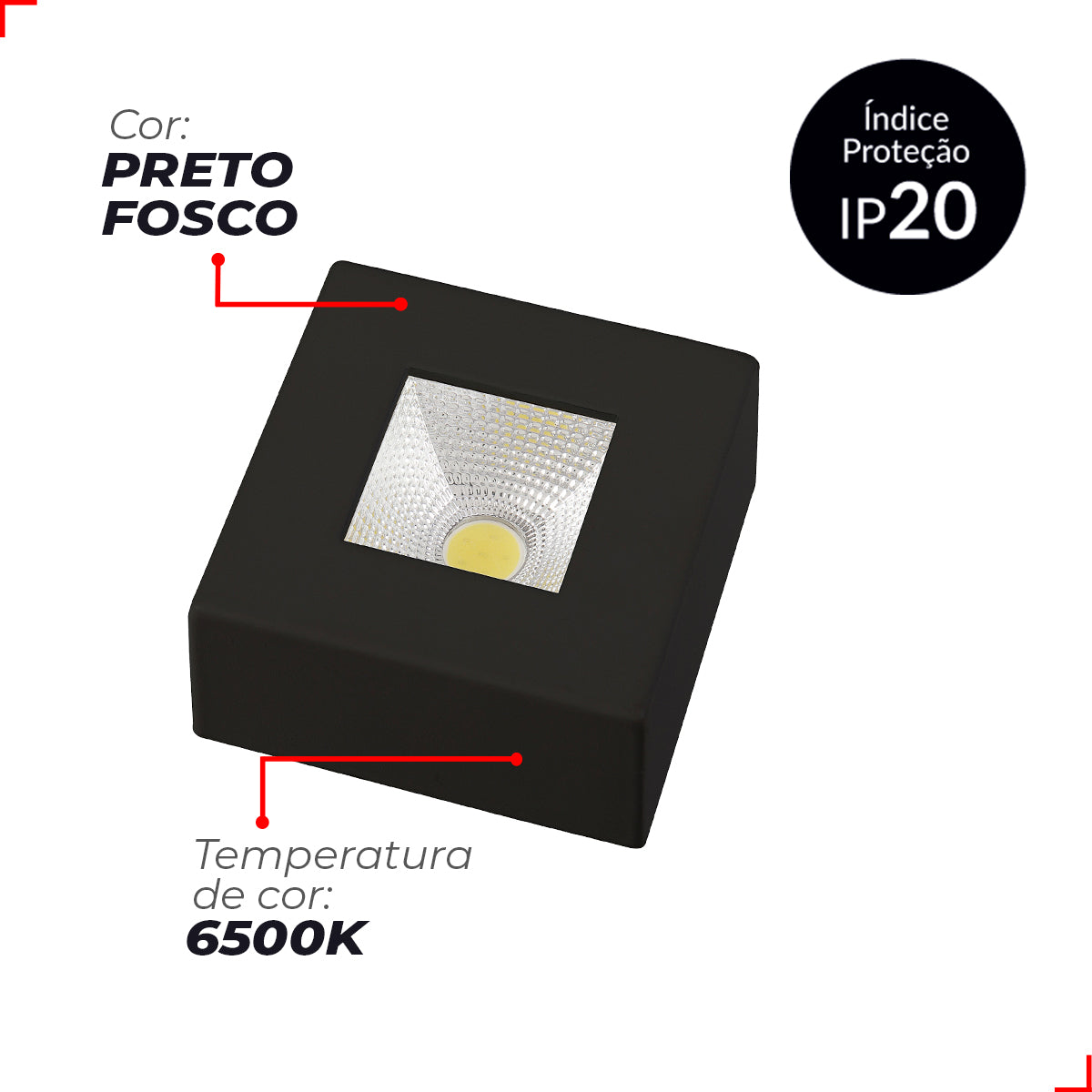 Spot Led Authentic Quadrado 5w 6500k Branco Frio IP20 BIvolt Preto Avant