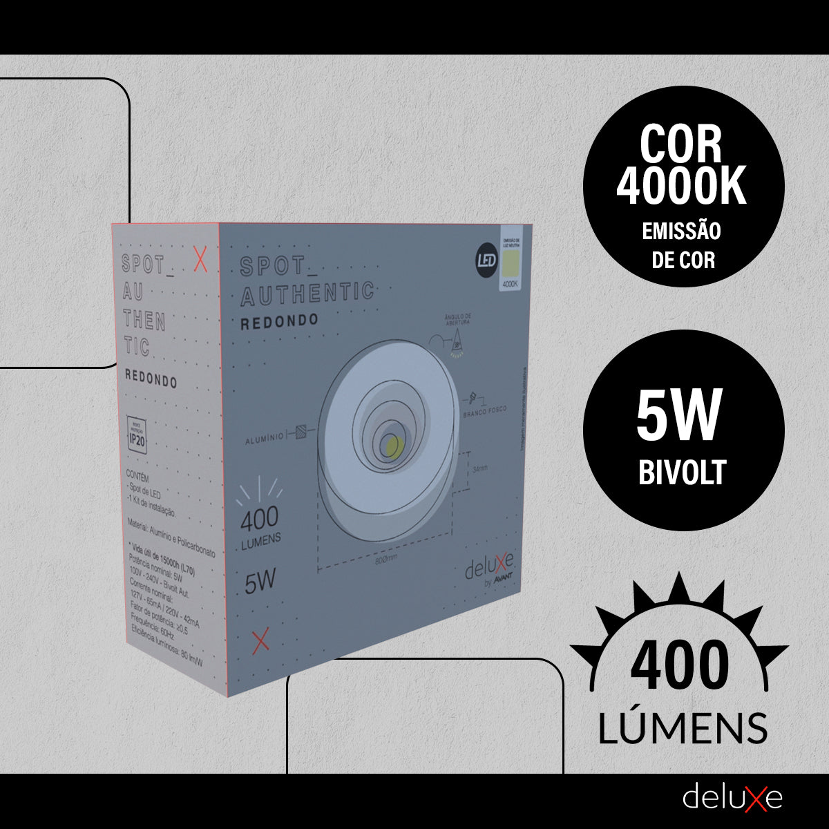 Spot Led Authentic Redondo 5w 4000k Branco Neutro IP20 BIvolt Branco Avant