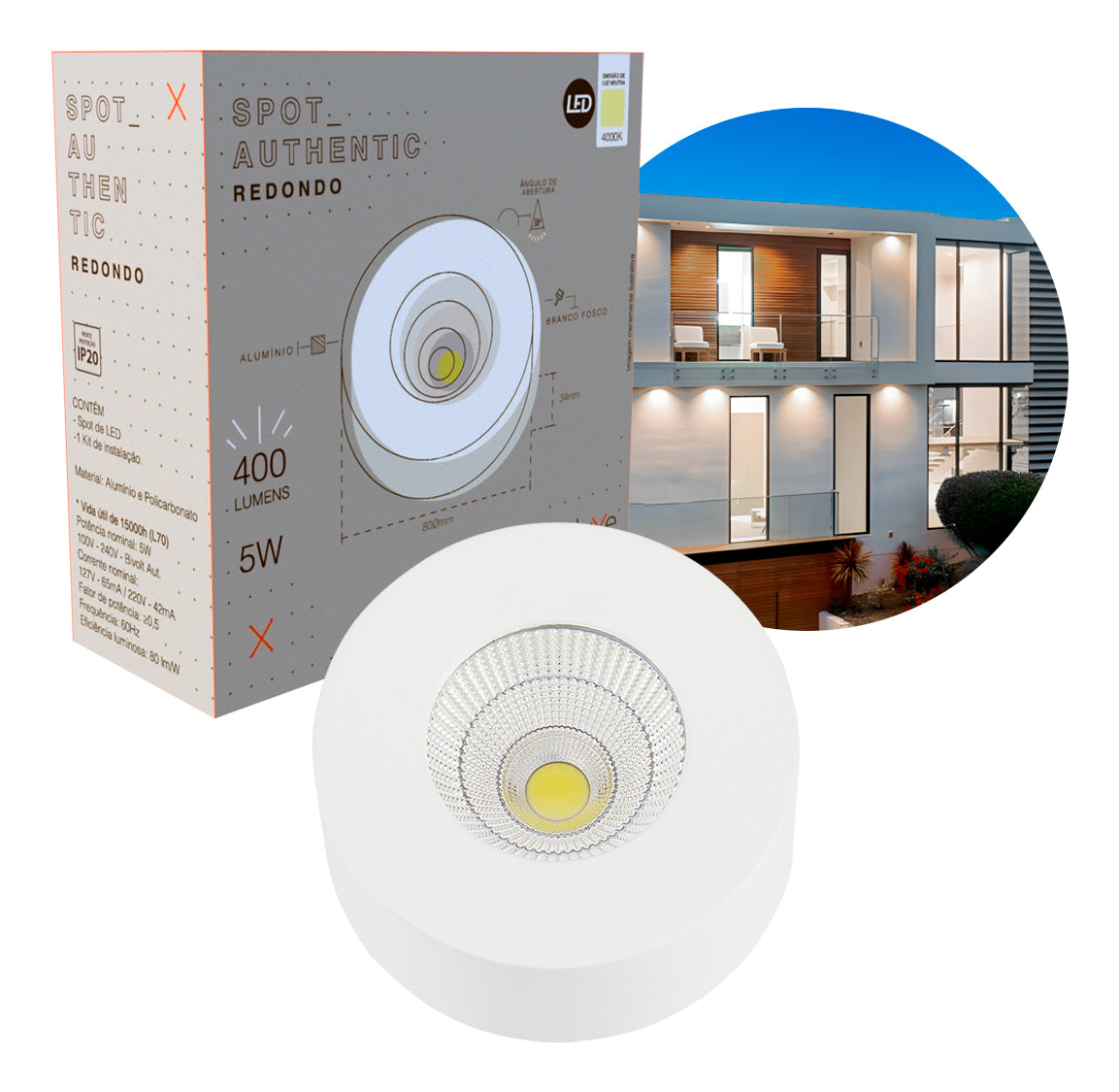 Spot Led Authentic Redondo 5w 4000k Branco Neutro IP20 BIvolt Branco Avant