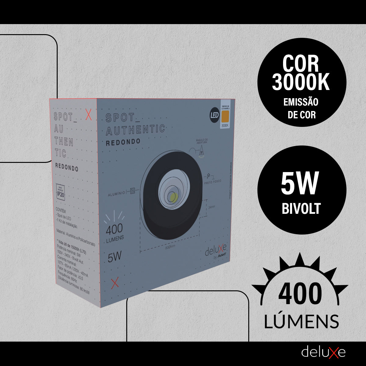Spot Led Authentic Redondo 5w 2700k Branco Quente IP20 BIvolt Preto Avant