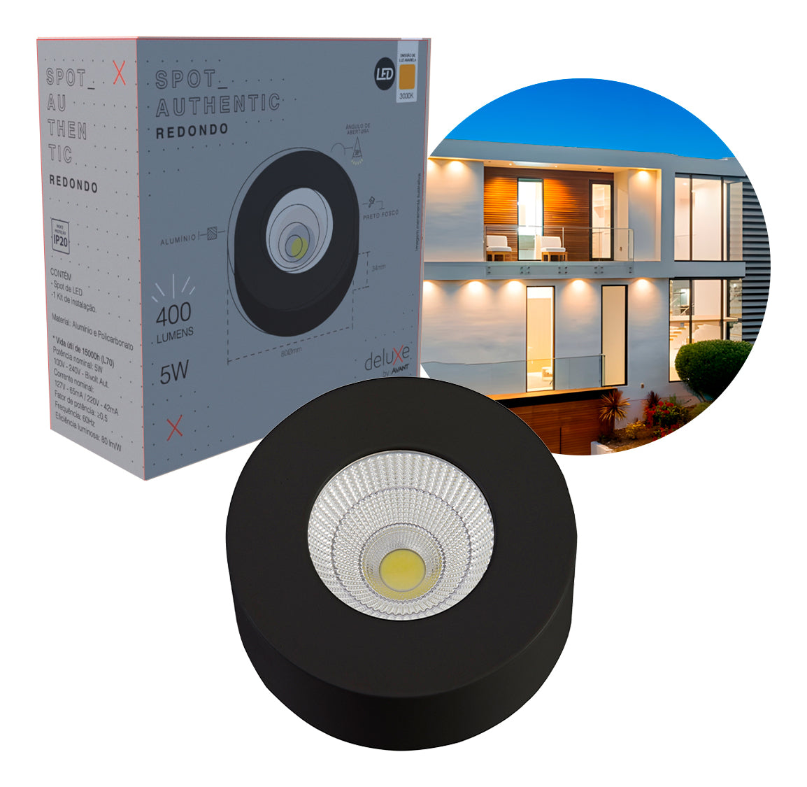 Spot Led Authentic Redondo 5w 2700k Branco Quente IP20 BIvolt Preto Avant
