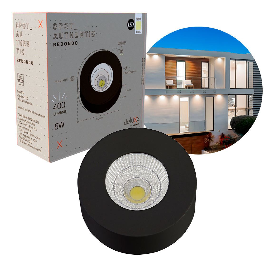 Spot Led Authentic Redondo 5w 4000k Branco Neutro IP20 BIvolt Preto Avant