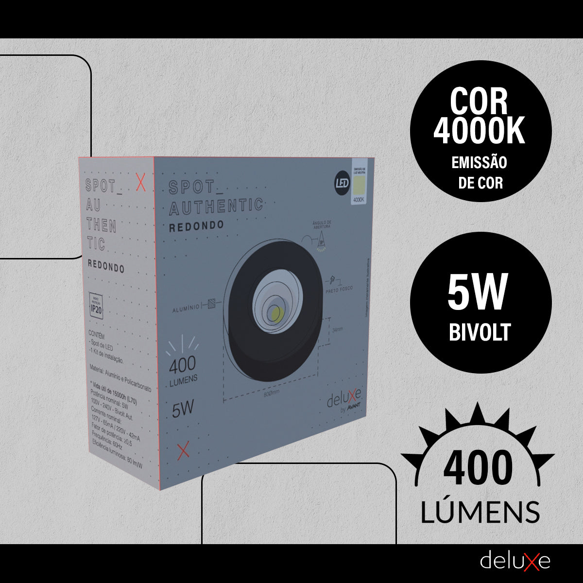 Spot Led Authentic Redondo 5w 4000k Branco Neutro IP20 BIvolt Preto Avant