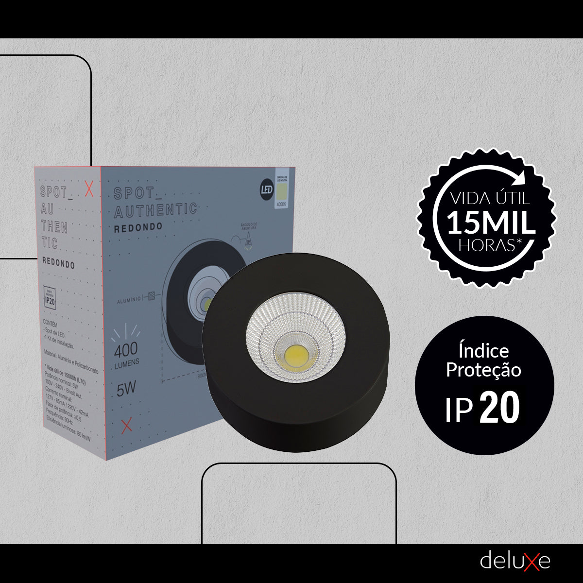 Spot Led Authentic Redondo 5w 4000k Branco Neutro IP20 BIvolt Preto Avant