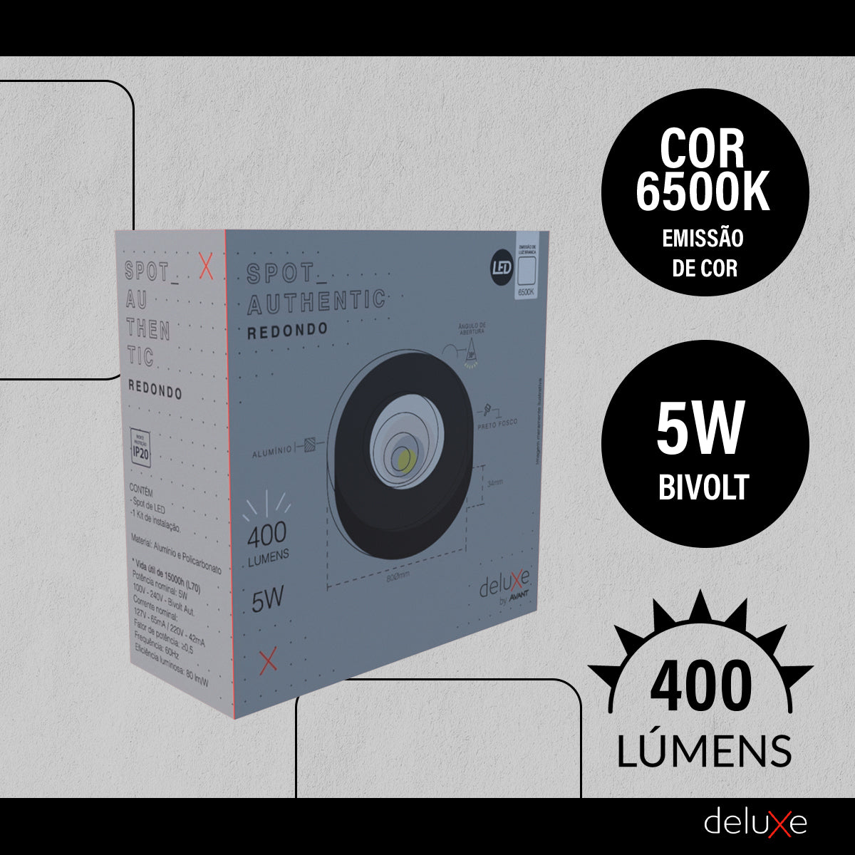 Spot Led Authentic Redondo 5w 6500k Branco Frio IP20 BIvolt Preto Avant