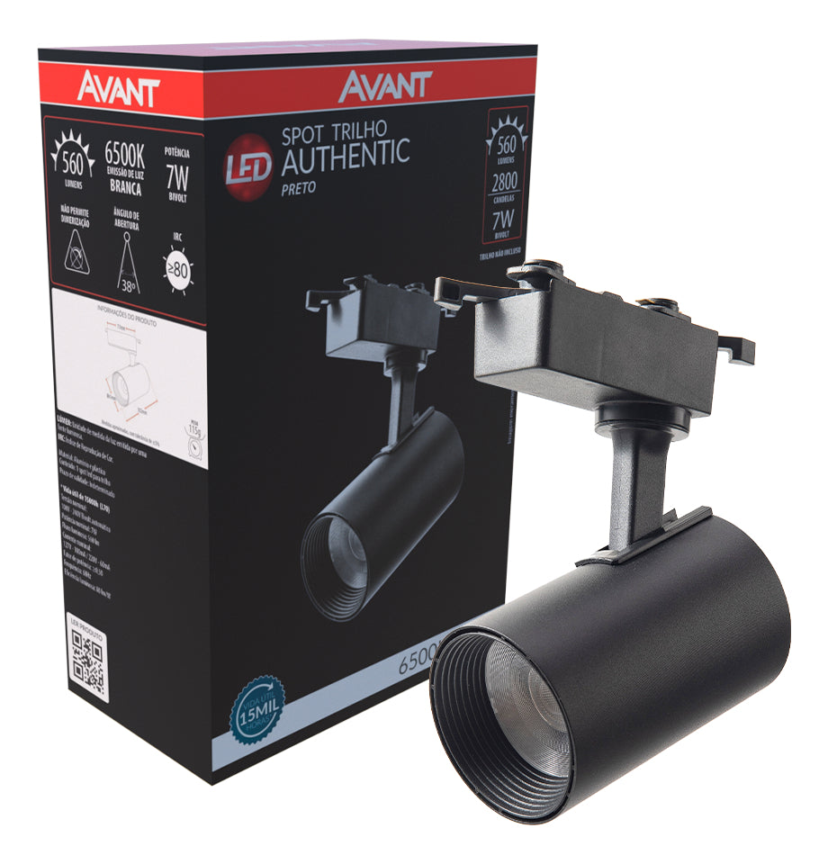 Spot Trilho Led Authentic Preto 7w 560lm 6500k Branco Frio Bivolt IluminaçãoTrilho Avant