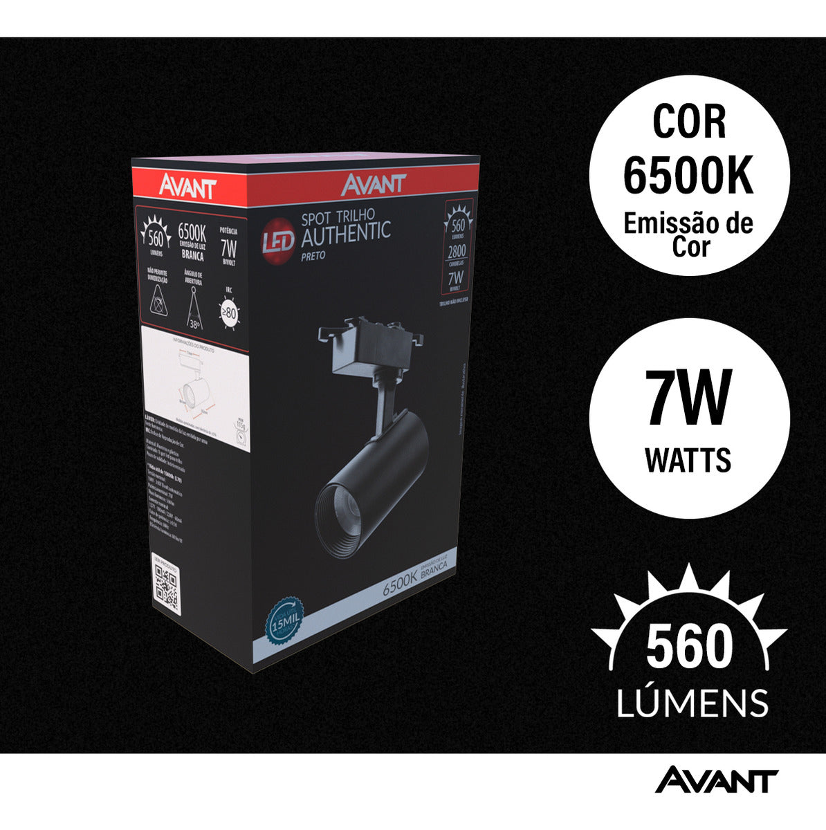 Spot Trilho Led Authentic Preto 7w 560lm 6500k Branco Frio Bivolt IluminaçãoTrilho Avant