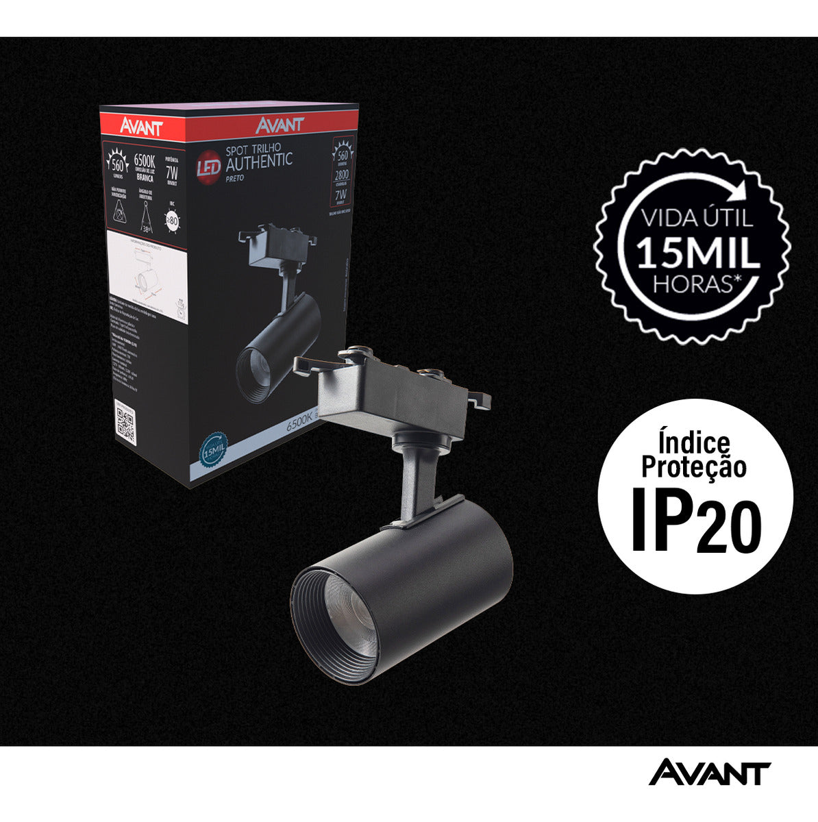 Spot Trilho Led Authentic Preto 7w 560lm 6500k Branco Frio Bivolt IluminaçãoTrilho Avant