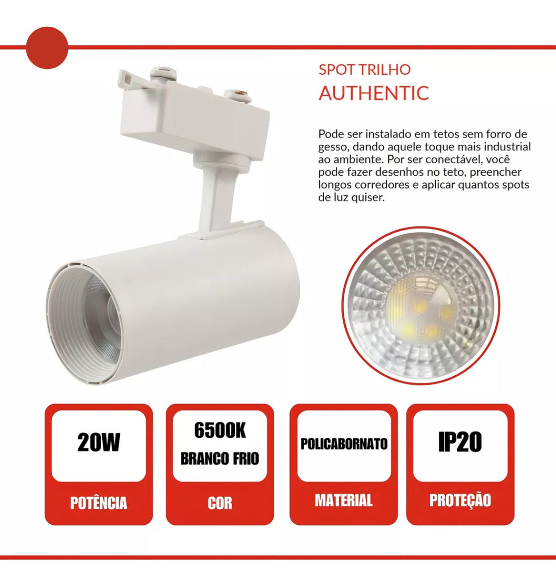 Spot Led Para Trilho Authentic T1 20w 6500k Branco Frio 110v/220v Bivolt Branco Cod: 251841371 Avant 127/220v