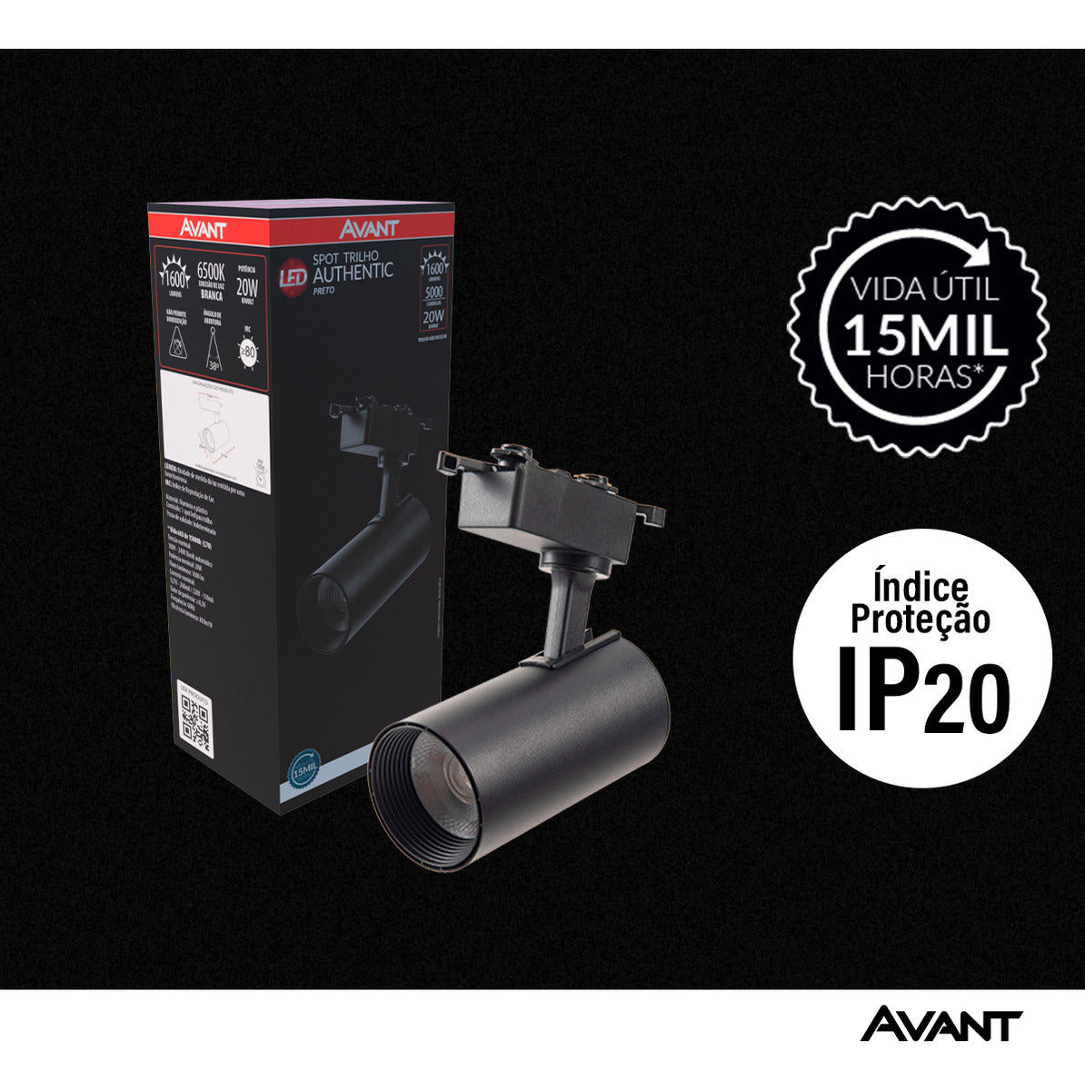 Spot Led Para Trilho Authentic T1 20w 6500k Branco Frio Ip20 Preto Cod: 251851370 Avant 127/220v